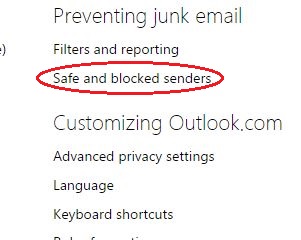 Clicking on Safe & Blocked Senders