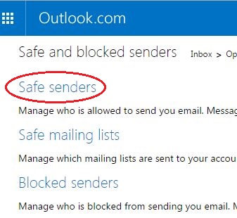 Click on Safe Senders in Outlook to Whitelist