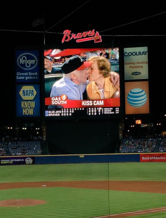 On September 17th, 2015, President Jimmy Carter and his wife Rosalynn, briefly after Carter was diagnosed with cancer, were caught on the Atlanta Braves stadium kiss cam