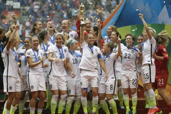 The U.S. Women's National Team celebrates their World Cup win after they beat Japan 5-2 in the World Cup soccer championship in Vancouver, British Columbia, Canada on July 5th, 2015.