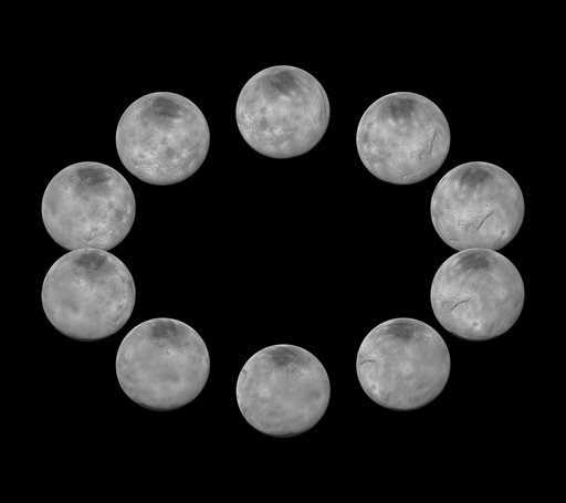 CORRECTS TO CHARON, NOT PLUTO - This photo taken by NASAs New Horizons spacecraft and released by NASA, shows images of Charon, the largest of Plutos five moons, representing one full rotation during an unprecedented flyby in July 2015. The space agency released the series of 10 close-ups on Friday, Nov. 20, 2015. Charon  like Pluto  rotates once every 6.4 Earth days. (NASA via AP)