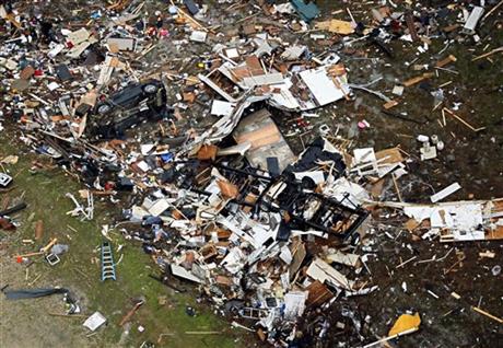 An overhead view of the destruction caused by a tornado in Garland, TX.