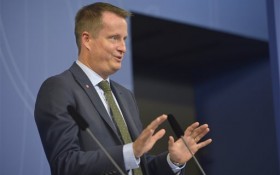 FILE - In this Nov. 11, 2015 file photo, Sweden's Interior Minister Anders Ygeman, announcing that the government will impose temporary border controls as the Nordic country struggles to receive tens of thousands of refugees in Stockholm, Sweden.  Ygeman says Sweden could deport between 60,000 and 80,000 asylum-seekers in coming years.  (Henrik Montgomery/TT via AP)  SWEDEN OUT  .