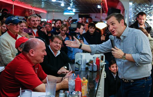 Republican Presidential candidate Sen. Ted Cruz, R-Texas campaigns at Penny's Diner in Missouri Valley, Iowa, Monday, Jan. 4, 2016. (AP Photo/Nati Harnik)