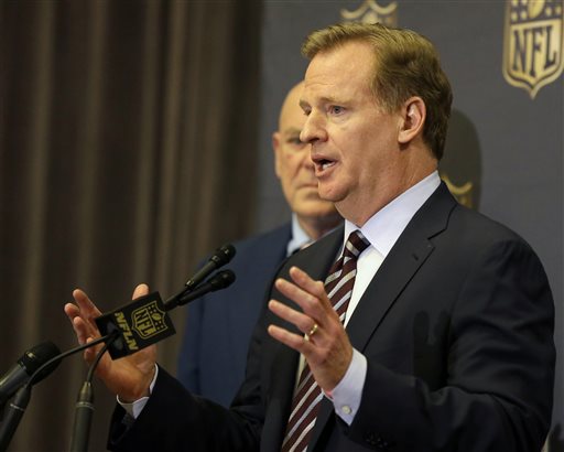NFL Commissioner Roger Goodell talks to the media after team owners voted Tuesday, Jan. 12, 2016, in Houston to allow the St. Louis Rams to move to a new stadium just outside Los Angeles, and the San Diego Chargers will have an option to share the facility. (AP Photo/Pat Sullivan)