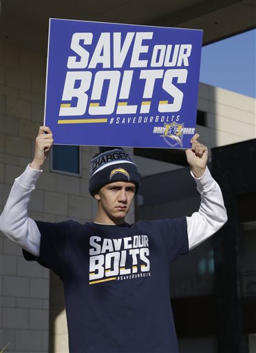 San Diego Chargers fan Richard Farley shows his feelings about keeping the NFL football team in San Diego outside the hotel where NFL owners are meeting Tuesday, Jan. 12, 2016, in Houston to discuss possible relocation to Los Angeles. (AP Photo/Pat Sullivan)