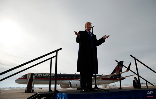 Republican presidential candidate Donald Trump speaks during a campaign event at Dubuque Regional Airport, Saturday, Jan. 30, 2016 in Dubuque, Iowa. (AP Photo/Paul Sancya)