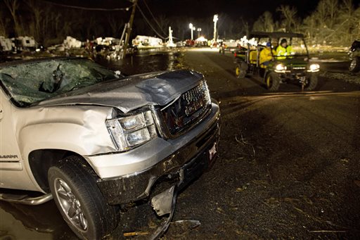 Destroyed trailers and vehicles are all that remain of the Sugar Hill RV Park after a suspected tornado hit in Convent, La., Tuesday, Feb. 23, 2016. (AP Photo/Max Becherer)