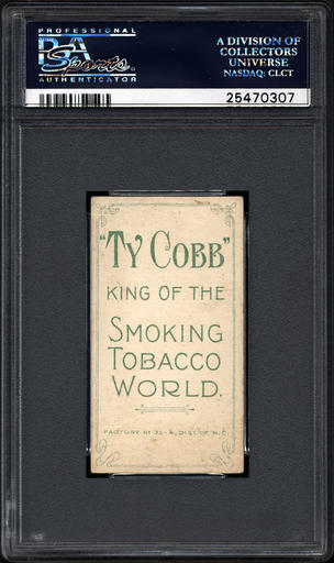 This undated photo provided by Professional Sports Authenticator shows the back of one of seven Ty Cobb baseball cards, a baseball-card find of a lifetime, that were found crumpled paper bag in a dilapidated house. Card experts in Southern California say they have verified the legitimacy, and seven-figure value, of the seven identical Ty Cobb cards from the printing period of 1909 to 1911. Before the recent find there were only about 15 known to still exist. (Professional Sports Authenticator via AP)