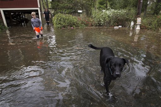 Melissa Anderson, center, and her son Hadley walk through flood waters from Caddo Lake with their dog Henry in Mooringsport, La., Sunday, March 13, 2016. President Barack Obama has signed an order declaring Louisiana's widespread flooding from heavy rains a major disaster. (Lee Celano/The Shreveport Times via AP) MAGS OUT; MANDATORY CREDIT SHREVEPORTTIMES.COM;  NO SALES