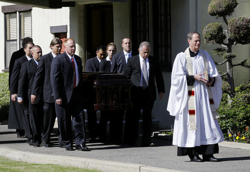 The casket carrying the former first lady Nancy Reagan leaves a small ceremony at a mortuary, Wednesday, March 9, 2016, in Santa Monica, Calif. (AP Photo/Jae C. Hong)