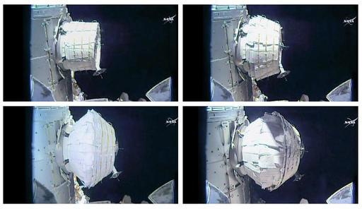 This combination of images provided by NASA shows the inflation of a new experimental room at the International Space Station on Saturday, May 28, 2016. Saturday was NASA's second shot at inflating the Bigelow Expandable Activity Module (BEAM), named for the aerospace company that created it as a precursor to moon and Mars habitats, and orbiting tourist hotels. (NASA via AP)