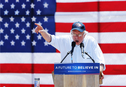 Democratic presidential candidate Sen. Bernie Sanders, I-Vt., speaks during a campaign rally in Cathedral City, Calif., Wednesday, May 25, 2016. (AP Photo/Damian Dovarganes)