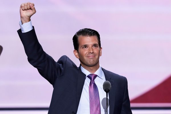 Donald Trump, Jr., son of Republican Presidential Candidate Donald Trump, lifts his fist after speaking during the second day of the Republican National Convention in Cleveland, Tuesday, July 19, 2016. (AP Photo/J. Scott Applewhite)