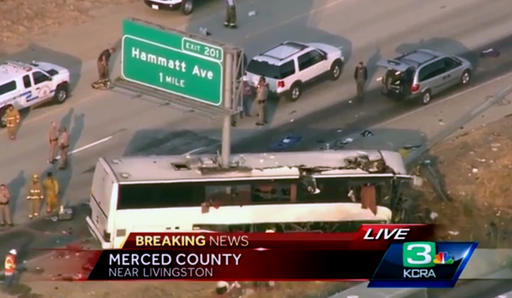 This still frame from video provided by KCRA3-TV shows authorities investigating the scene of a charter bus crash on northbound Highway 99 between Atwater and Livingston, Calif., Tuesday, Aug. 2, 2016. The bus veered off the central California freeway before dawn Tuesday and struck a pole that sliced the vehicle nearly in half, killing multiple people and sending at several others to hospitals, authorities said. (KCRA3-TV via AP)