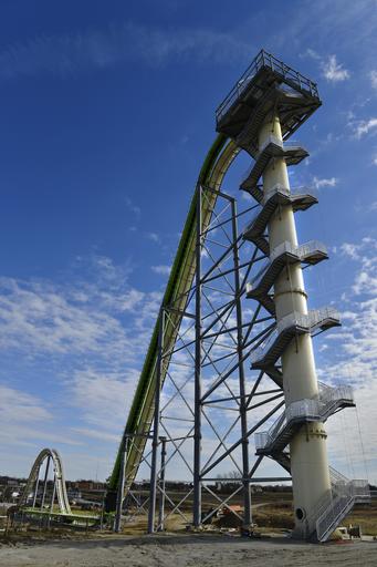 FILE - This Nov. 2013 file photo shows Schlitterbahn's new Verruckt speed slide/water coaster in Kansas City, Kan. A 12-year-old boy died Sunday, Aug. 7, 2016, on the Kansas water slide that is billed as the world's largest, according to officials. Kansas City, Kan., police spokesman Officer Cameron Morgan said the boy died at the Schlitterbahn Waterpark, which is located about 15 miles west of downtown Kansas City, Missouri. Schlitterbahn spokeswoman Winter Prosapio said the child died on one of the park's main attractions, Verruckt, a 168-foot-tall water slide that has 264 stairs leading to the top. (Jill Toyoshiba/The Kansas City Star via AP, File)